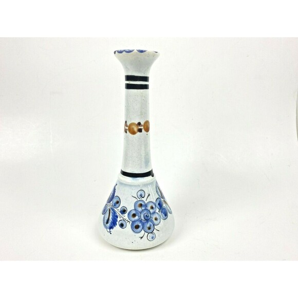 Vintage Tonala Mexican Pottery Folk Art Vase Signed CAT Floral 8” Tall D-19 Blue - Picture 1 of 7